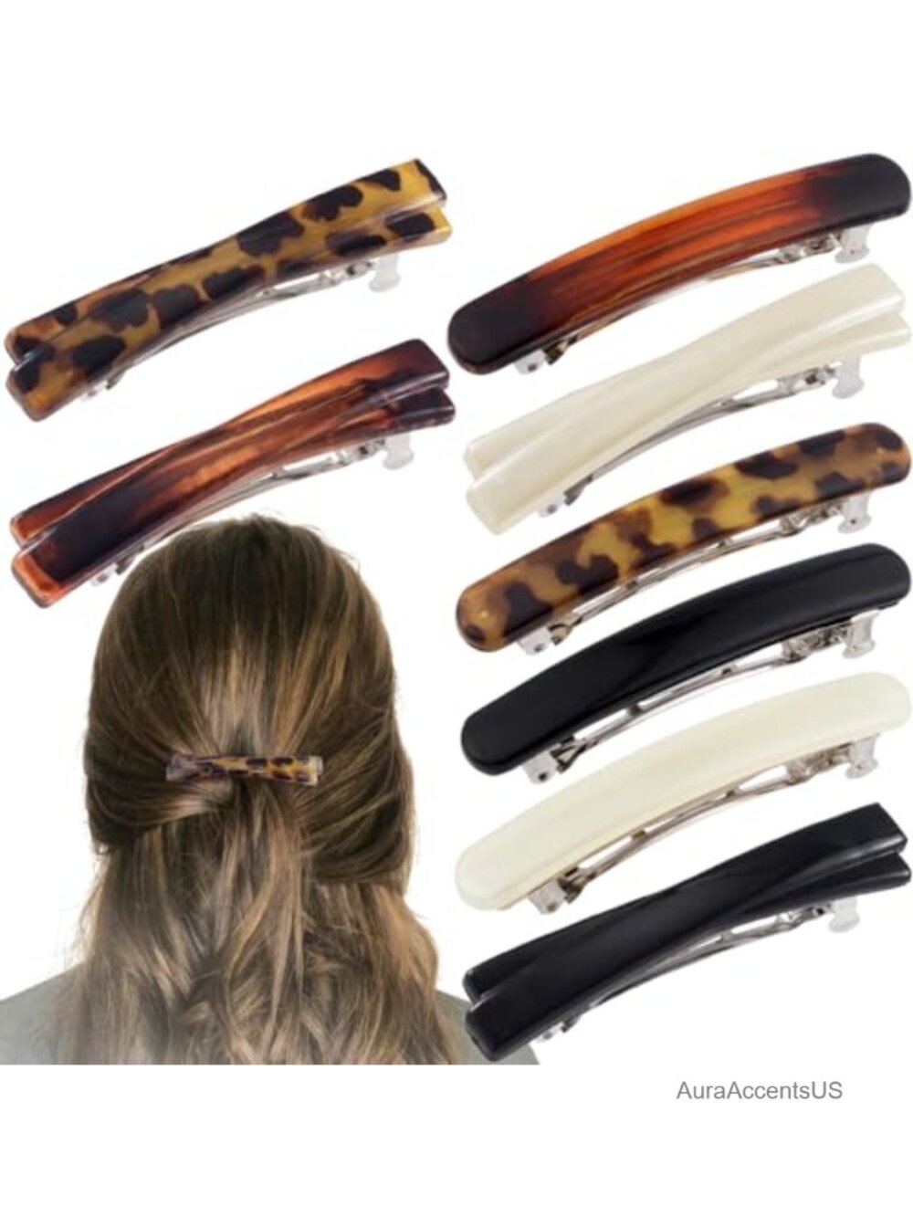 8 Hair Barrettes French Style Clips for Women Thin Thick Hair Tortoise Shell